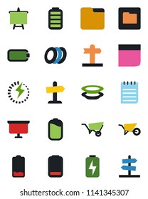 Color and black flat icon set - notepad vector, presentation board, wheelbarrow, signpost, battery, low, folder, charge, blank box, plates, guidepost