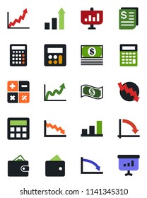 Color and black flat icon set - growth statistic vector, calculator, crisis graph, receipt, bar, wallet, cash, presentation