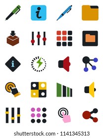 Color and black flat icon set - package vector, sorting, settings, touch screen, menu, folder, charge, application, pen, sound, information, social media