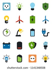Color and black flat icon set - bulb vector, battery, low, protect, charge, desk lamp, windmill, socket, power plug, energy saving, idea