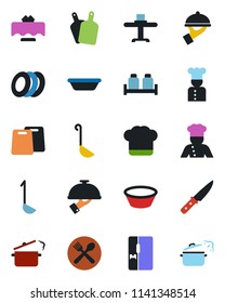 Color and black flat icon set - fridge vector, cook, restaurant table, cafe, hat, plates, waiter, salt and pepper, ladle, bowl, cutting board, knife, steaming pan