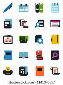 Color and black flat icon set - contract vector, book, document search, pen, notepad, calendar, medical, news, copybook, printer, schedule