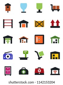 Color and black flat icon set - checkroom vector, bird house, doctor case, container, fragile, cargo, up side sign, warehouse, heavy scales, rack, radio, archive box, garage gate control
