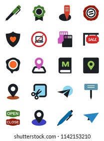 Color and black flat icon set - no laptop vector, pen, stamp, plant label, heart shield, navigation, pin, sd, cut, place tag, sertificate, sale, menu, open close, paper plane