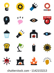 Color and black flat icon set - sun vector, brainstorm, bulb, fire, garden light, eye, torch, brightness, desk lamp, fireplace, candle, alarm led, shining head