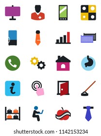 Color and black flat icon set - phone vector, luggage storage, tie, house, hoe, stomach, diet, doctor, cargo container, touch screen, mobile, application, presentation board, bar graph, fridge, gear