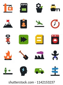 Color and black flat icon set - arrival vector, escalator, baby, washer, document, brainstorm, job, factory, flower in pot, fire, sea port, no hook, fast forward, sd, crane, pass card, motivation