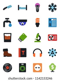 Color and black flat icon set - hierarchy vector, boot, microscope, vinyl, remote control, headphones, speaker, water supply, bedroom, wine card, drink, knife, socket, snowflake, air conditioner