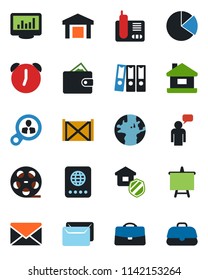 Color and black flat icon set - passport vector, speaking man, mail, presentation board, earth, container, warehouse, reel, radio phone, alarm, case, monitor statistics, pie graph, paper binder