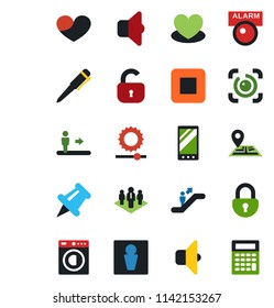 Color and black flat icon set - escalator vector, male, pen, heart, navigation, paper pin, stop button, mobile, brightness, lock, eye id, company, washer, sound, alarm led, calculator