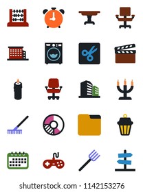 Color and black flat icon set - alarm clock vector, abacus, circle chart, farm fork, rake, clapboard, gamepad, folder, cut, office chair, building, table, washer, candle, outdoor lamp, calendar