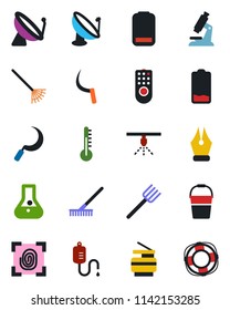 Color and black flat icon set - satellite antenna vector, farm fork, rake, bucket, sickle, dropper, microscope, low battery, ink pen, copier, fingerprint, remote control, thermometer, sprinkler