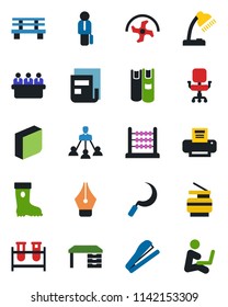 Color and black flat icon set - desk vector, meeting, ripper, boot, sickle, bench, blood test vial, news, abacus, ink pen, office chair, blank box, lamp, printer, copier, hierarchy, manager, book