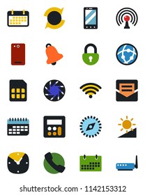 Color and black flat icon set - mobile phone vector, term, antenna, back, call, camera, calculator, clock, bell, mail, sim, network, brightness, compass, lock, update, calendar, wireless, router