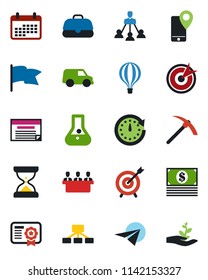 Color and black flat icon set - mobile tracking vector, meeting, hierarchy, target, clock, calendar, flask, flag, cash, case, car, paper plane, schedule, certificate, hard work, sand, air balloon