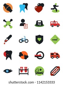 Color and black flat icon set - smoking place vector, blood test vial, dropper, tomography, ambulance car, bike, run, heart shield, hospital bed, tooth, caries, eye, joint, broken bone, patient