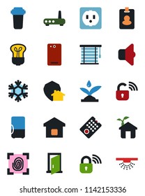 Color and black flat icon set - phone back vector, smart home, eco house, socket, fingerprint, wireless lock, remote control, irrigation, router, snowflake, water filter, bulb, sound, jalousie, door