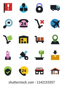 Color and black flat icon set - pin vector, important flag, store, plane, satellite, office phone, 24 hours, client, car delivery, cargo, no trolley, package, shield, heavy, scales, search