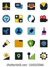 Color and black flat icon set - message vector, update, protect, themes, user, clock, mail, network, folder, notes, download, torch, brightness, cut, place tag, fingerprint id, video, application