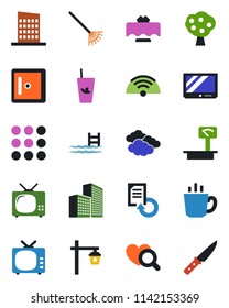 Color and black flat icon set - clouds vector, checkroom, document reload, rake, garden light, heart diagnostic, heavy scales, tv, menu, office building, pool, fruit tree, wireless, city house