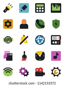 Color and black flat icon set - call vector, protect, settings, themes, user, calculator, clock, stopwatch, scanner, sd, network, notes, wireless, torch, mute, fingerprint id, music, video