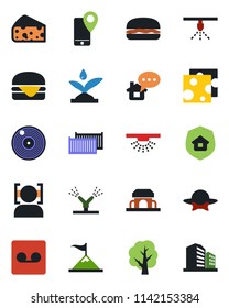 Color and black flat icon set - tree vector, mobile tracking, cargo container, vinyl, record, face id, estate insurance, cafe building, dress code, hamburger, cheese, irrigation, sprinkler, office