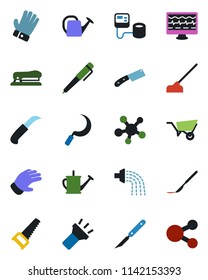 Color and black flat icon set - watering can vector, wheelbarrow, glove, saw, hoe, sickle, garden knife, monitor pulse, blood pressure, scalpel, share, torch, pen, stapler, social media