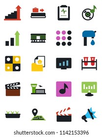 Color and black flat icon set - baggage conveyor vector, airport building, growth statistic, monitor, seedling, blood test vial, pulse clipboard, navigation, railroad, clapboard, menu, music
