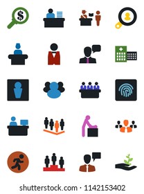Color and black flat icon set - passport control vector, male, baby room, reception, speaking man, pedestal, team, meeting, manager place, run, hospital, speaker, group, fingerprint id, desk, waiter