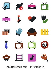 Color and black flat icon set - tv vector, case, stamp, fence, glove, satellite, cargo container, tulip, heart, cut, music, abacus, tie, cushioned furniture, restaurant table, dress code, ham