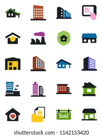 Color and black flat icon set - airport building vector, office, factory, house, warehouse storage, with garage, estate document, sold signboard, sweet home, city, insurance, cafe, control app