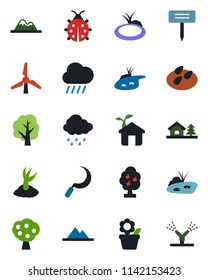 Color and black flat icon set - flower in pot vector, tree, sproute, lady bug, rain, sickle, plant label, seeds, pond, house with, windmill, fruit, mountains, eco, irrigation