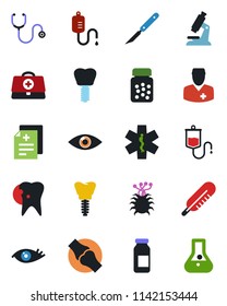 Color and black flat icon set - doctor case vector, diagnosis, stethoscope, dropper, thermometer, microscope, pills bottle, ampoule, scalpel, ambulance star, caries, implant, eye, joint, virus