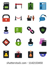 Color and black flat icon set - fence vector, barrier, passport control, bomb in case, stamp, safe, identity card, hose, flammable, chain, sd, lock, home protect, combination, pass, surveillance