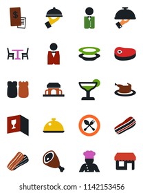 Color and black flat icon set - spoon and fork vector, cafe, waiter, cook, dish, wine card, cocktail, plates, bacon, salt pepper, building, restaurant receipt, chicken, steak, ham, storefront