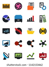 Color and black flat icon set - office binder vector, crisis graph, statistic monitor, document reload, barcode, satellite antenna, network, share, statistics, bar, pie, folder, point, archive box