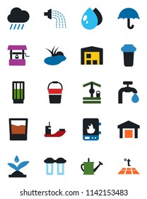 Color and black flat icon set - watering can vector, bucket, water drop, rain, well, pond, sea shipping, umbrella, warehouse, supply, drink, irrigation, heater, filter, warm floor
