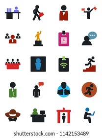 Color and black flat icon set - dispatcher vector, security gate, male, speaking man, pedestal, team, manager place, run, client, speaker, identity card, desk, meeting, career ladder, waiter, pass