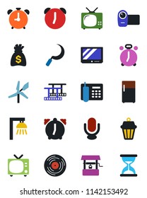 Color and black flat icon set - alarm clock vector, tv, money bag, well, sickle, film frame, vinyl, video camera, microphone, office phone, outdoor lamp, fridge, windmill, sand