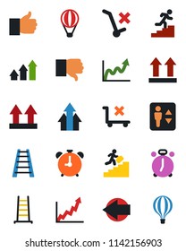 Color and black flat icon set - elevator vector, alarm clock, left arrow, ladder, up side sign, no trolley, finger, down, career, graph, growth, air balloon