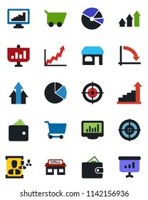 Color and black flat icon set - shop vector, growth statistic, crisis graph, store, monitor statistics, pie, hr, target, arrow up, wallet, cart, presentation