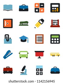 Color and black flat icon set - airport bus vector, checkroom, book, calculator, graduate, abacus, presentation board, microscope, case, paper clip, pencil, stapler
