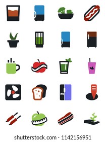 Color and black flat icon set - hot cup vector, seedling, plant label, diet, fridge, drink, phyto bar, salad, bacon, bread, kebab, dog, fan, palm sproute