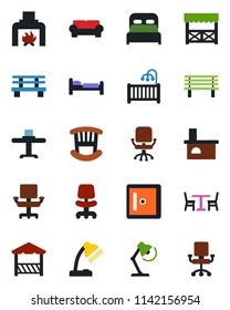Color and black flat icon set - cafe vector, bed, checkroom, office chair, bench, fireplace, desk lamp, bedroom, children room, cushioned furniture, restaurant table, alcove