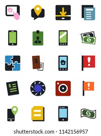 Color and black flat icon set - mobile phone vector, identity card, document, important flag, cash, tracking, cell, camera, download, application, restaurant receipt, home control app