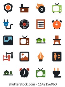 Color and black flat icon set - elevator vector, alarm clock, tv, stamp, fireplace, film frame, vinyl, flame disk, gallery, abacus, ink pen, house with tree, power plug