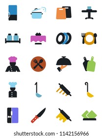 Color and black flat icon set - fridge vector, cook, restaurant table, cafe, plates, waiter, salt and pepper, ladle, rolling pin, cutting board, knife, steaming pan, serviette