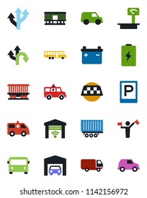 Color and black flat icon set - dispatcher vector, taxi, airport bus, parking, ambulance car, route, railroad, truck trailer, delivery, heavy scales, garage, gate control, battery