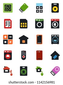 Color and black flat icon set - washer vector, calculator, speaker, phone back, sim, smart home, control, chip, remote, usb flash