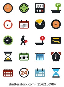 Color and black flat icon set - 24 around vector, flight table, calendar, clock, heavy scales, alarm, stopwatch, manager, schedule, sand